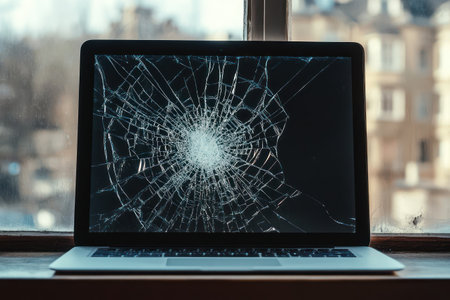 Shattered laptop screen showing visible cracks and damage, ideal for repair, broken tech, and electronics service themes.の素材
