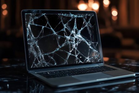 Shattered laptop screen showing visible cracks and damage, ideal for repair, broken tech, and electronics service themes.の素材