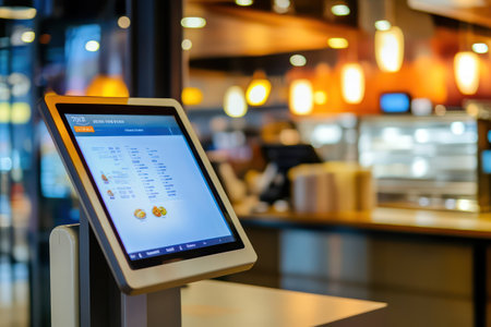 Digital touchscreen kiosk at restaurant allows customers to order food, ideal for automated retail, UX mockups, and UI design.の素材