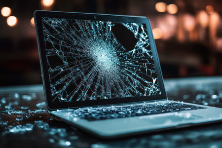 Shattered laptop screen showing visible cracks and damage, ideal for repair, broken tech, and electronics service themes.の素材