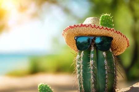 Humorous cactus with sunglasses and sombrero strikes a pose on sunny beach, blending Mexican culture and fun summer vacation vibes.の素材