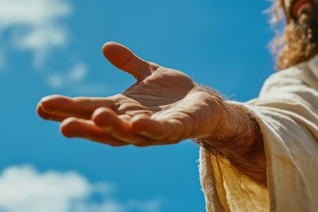 Symbolic image of Jesus' hand reaching out under a blue sky, representing hope, kindness, faith, and compassion.の素材