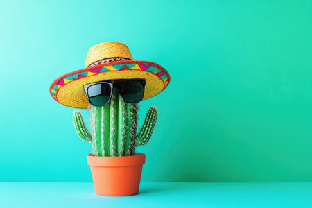 Cactus dressed with sunglasses and hat against colorful background, celebrating summer spirit and playful cultural references.の素材