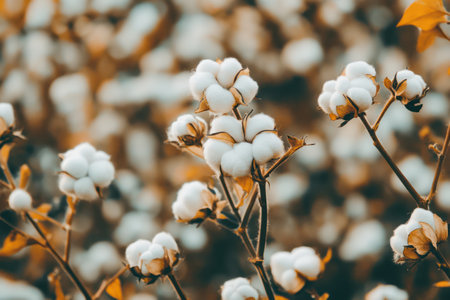 Close-up of ripe cotton field with fluffy white fiber.の素材