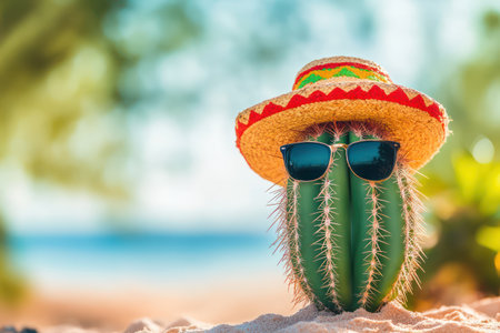 Humorous cactus with sunglasses and sombrero strikes a pose on sunny beach, blending Mexican culture and fun summer vacation vibes.の素材