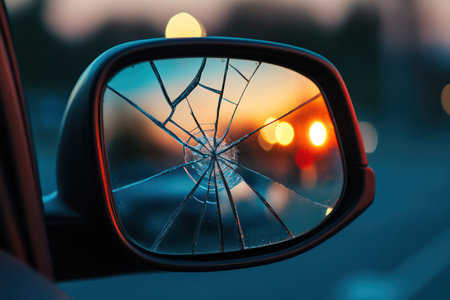 Fractured vehicle side mirror reflects a moody twilight background, symbolizing damage, broken perspective, or accident aftermath.の素材