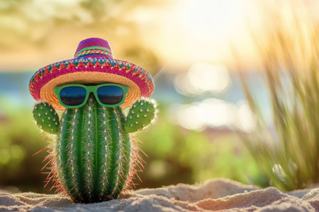 Humorous cactus with sunglasses and sombrero strikes a pose on sunny beach, blending Mexican culture and fun summer vacation vibes.の素材