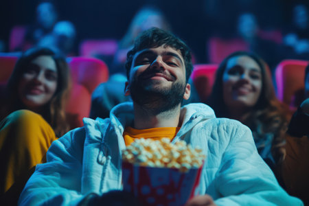 Young man enjoys a fun movie night with popcorn, smiling alongside friends in a theater, showcasing entertainment and relaxation.の素材