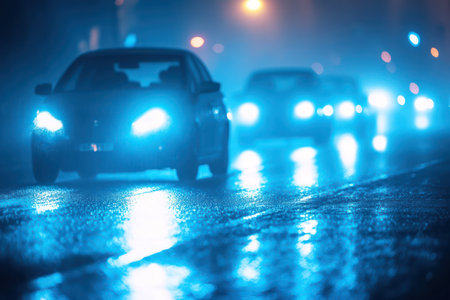 Vehicles move through thick fog, headlights piercing darkness, creating a moody urban scene with limited visibility and mystery.の素材