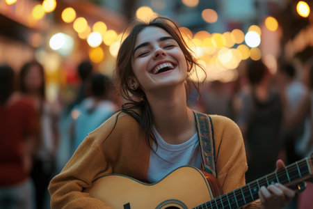 Smiling female guitarist performs joyfully at lively outdoor event with glowing lights, capturing musical energy and public celebration.の素材