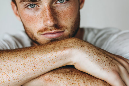 Close-up of a young man's arms and hands showing freckles and pigmentation, highlighted clearly against a white background.の素材