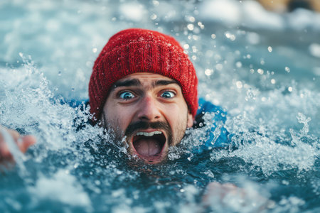 Humorous moment of a man bravely swimming in a frozen icy lake, showcasing winter sport adventure and extreme cold challenge.の素材