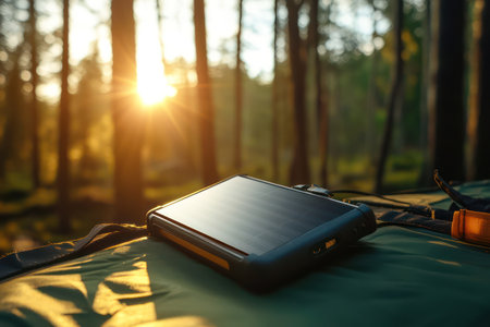 Solar charger efficiently charging a smartphone on a camping table in a sunlit forest, symbolizing eco-friendly technology.の素材