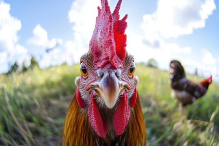 Humorous close-up of a curious rooster with bright red comb and brown feathers, captured with a fisheye lens on a sunny farm.の素材