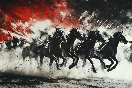 Powerful horses race toward the finish line in an intense, colorful scene full of energy and competitive spirit.の素材