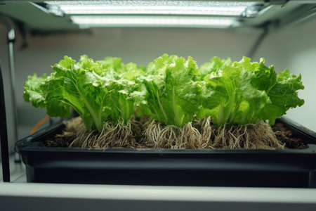 Healthy fresh lettuce growing in a clean hydroponic system, showing roots and clean water, symbolizing modern sustainable farming.の素材