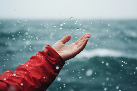 Outstretched hand in red waterproof jacket catching raindrops over the ocean, evoking sensory weather experience and connection with nature.の素材