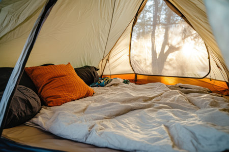 Interior of a pitched hiking tent with minimalist setup, evoking comfort, exploration, and outdoor adventure lifestyle.の素材