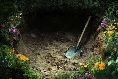 Deeply dug grave with shovel placed beside it in earth, evoking solemnity, death, burial, and final rest.の素材