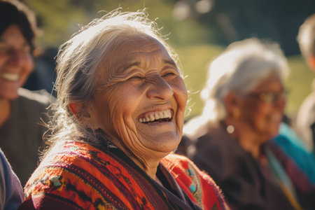 Older woman laughing joyfully with companions outdoors, embracing life, connection, and happiness in later years.の素材