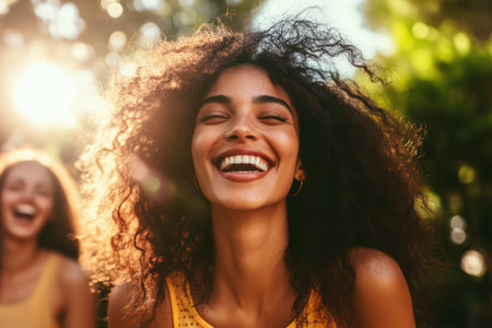 Happy young woman shares a laugh with friends in a sunlit outdoor space, capturing warmth, joy, and human connection.の素材