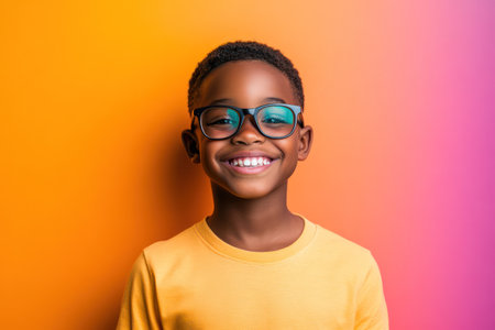 Young kid with a big smile and round glasses stands against a bold solid color background, full of personality and positivity.の素材
