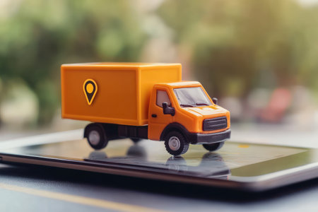 Symbolic concept of modern delivery and logistics: a small truck with GPS marker displayed on a digital tablet screen.の素材