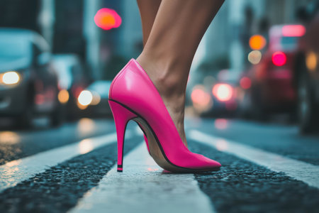 Close-up of a woman walking confidently in pink high heels on a city road, showcasing style, boldness, and urban fashion.の素材