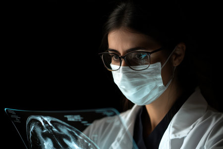 Medical professional in mask and glasses examining brain X-ray on black background, emphasizing clinical precision and neurology.の素材