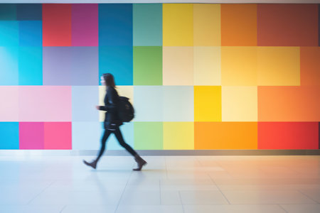 A blurred figure walks quickly past a vibrant, geometric office wall, capturing motion, color, and corporate creativity in action.の素材