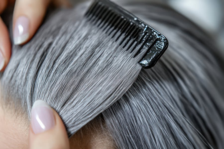 Close-up of a woman applying silver hair dye with a brush in a professional beauty salon setting, transformation concept.の素材