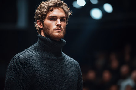 Confident man walks down runway in sleek black sweater, embodying modern menswear trends and captivating high fashion audience.の素材