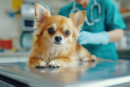 A small Chihuahua lies on a metallic table as a veterinarian conducts surgery, representing animal care and professional treatment.の素材