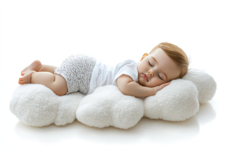 Adorable infant rests on fluffy cloud illustration, symbolizing dreams, comfort, and pure innocence, isolated for versatile design use.の素材