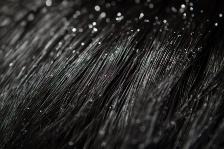 Detailed view of smooth, healthy hair with light reflections on simple background, emphasizing beauty and texture.の素材