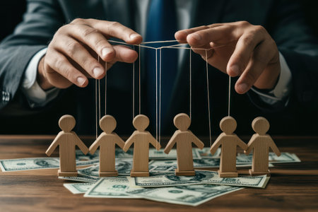Large hands of suited man control marionettes over dollar bills, symbolizing power, financial influence, and manipulation.の素材