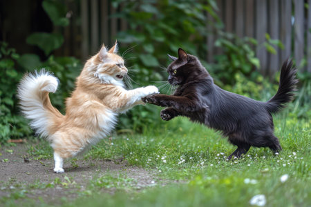 Indoor clash between cats on sofa, showing tension, aggression, or rough play in a well-lit home setting.の素材