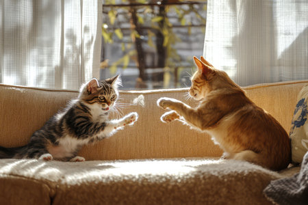 Indoor clash between cats on sofa, showing tension, aggression, or rough play in a well-lit home setting.の素材