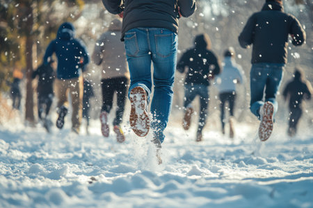Back view close-up of people running through deep snow, showing winter motion, teamwork, and cold-weather activity.の素材