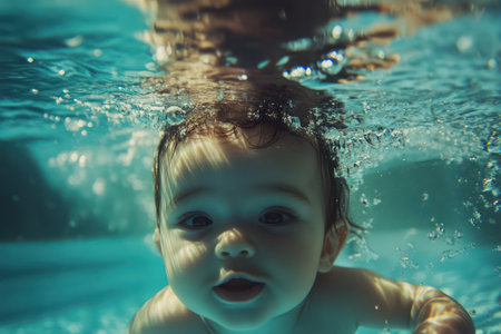 A few-month-old baby floats gently underwater in a pool, expressing early aquatic comfort and exploration in a serene environment.の素材