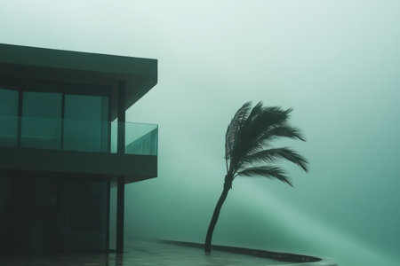 A lone palm tree sways violently in the wind against a stormy sky, symbolizing danger, natural disaster, and climate intensity.の素材