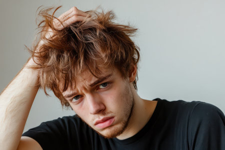 Portrait of young man with frizzy, colored, and ruined hair, symbolizing self-image issues, hair damage or neglect.の素材