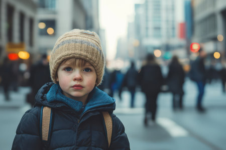 Emotional image of lonely child on a crowded urban street, surrounded by blurred adult pedestrians, evoking isolation in modern life.の素材