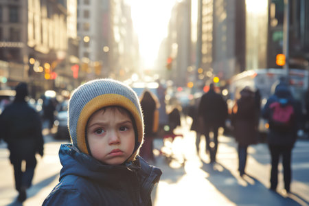Emotional image of lonely child on a crowded urban street, surrounded by blurred adult pedestrians, evoking isolation in modern life.の素材