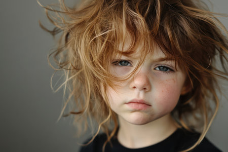 Close-up of child with dehydrated frizzy hair, expressing discomfort and sadness, symbolizing neglect, beauty damage, or fragility.の素材