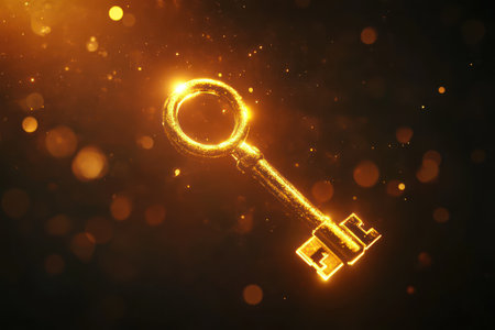 Single bright golden key floats with a glowing aura in a dark space, symbolizing access, opportunity, and unlocking potential.の素材