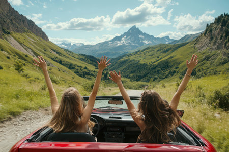 Two young women in red car with hands raised while driving through lush valley, symbolizing youth, freedom, and summer travel.の素材
