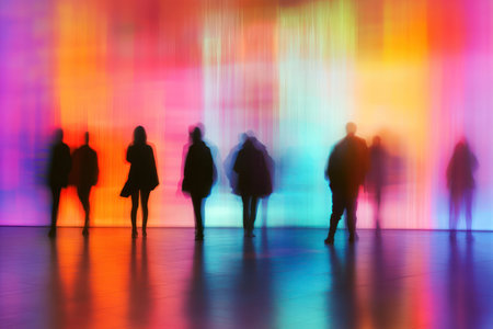 A blurred view of a modern art gallery bathed in neon lighting, with faint silhouettes of people, evoking a dreamlike, immersive atmosphere.の素材