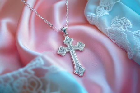Close-up of a Christian cross pendant on soft lace and pastel fabric, representing faith, tradition, and spiritual elegance.の素材