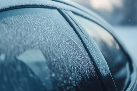 Close-up of car windows covered in frost, capturing the crisp chill of early winter mornings and seasonal change.の素材
